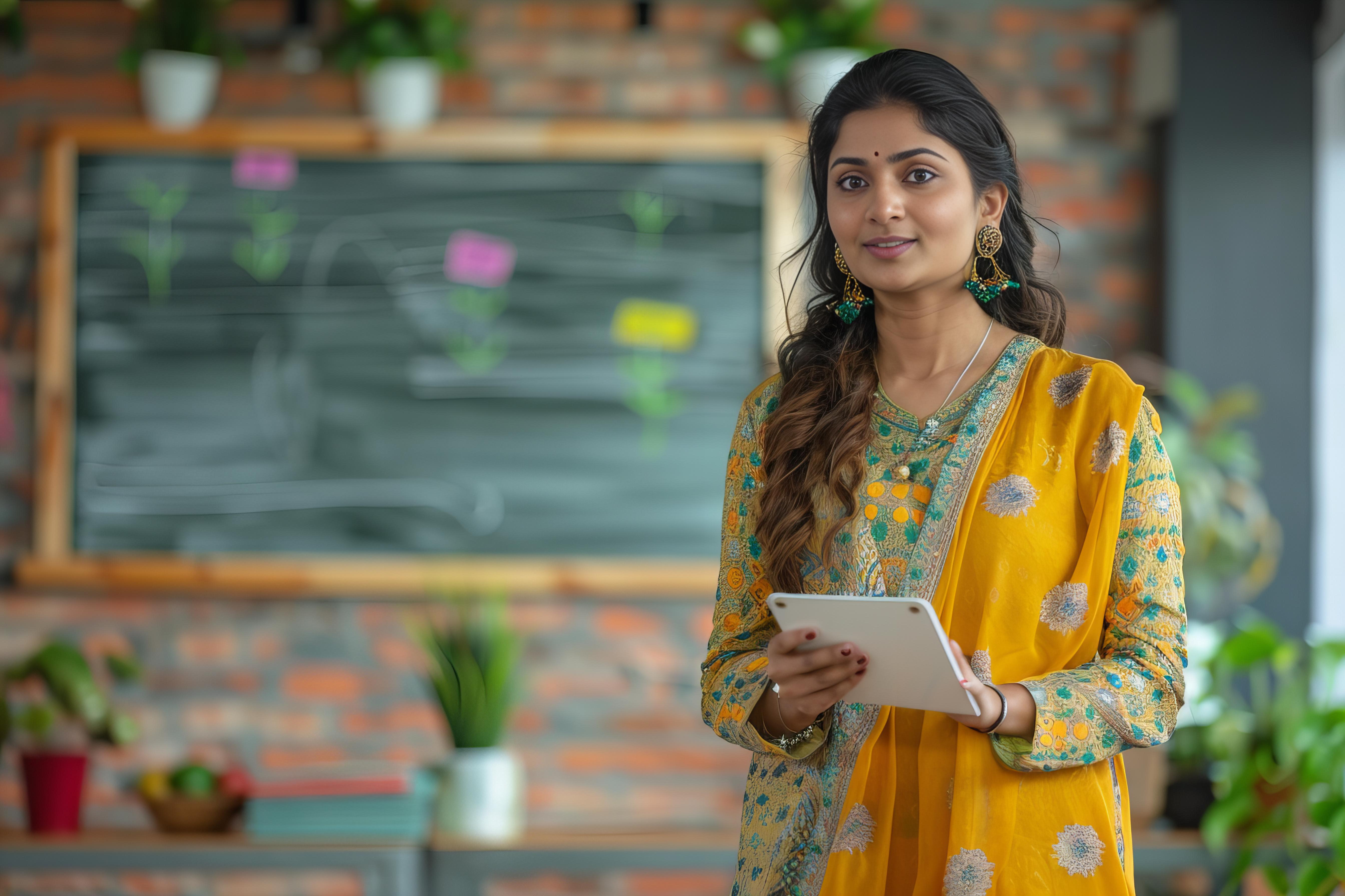 An Indian female entrepreneur and franchise holder, holding a file