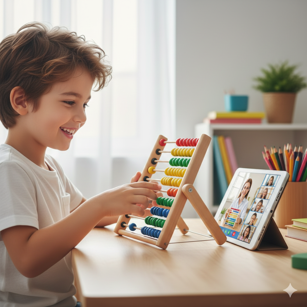 Child Using Abacus and Attending Online Math Class