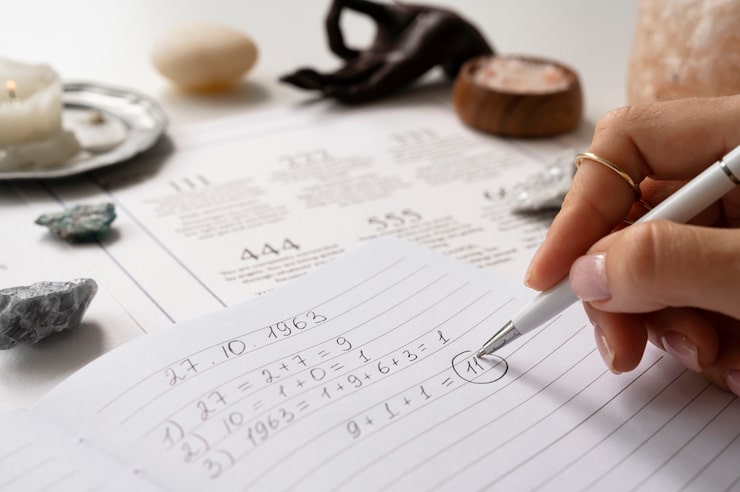 A person's hand calculating a sequence of numbers in a notebook.