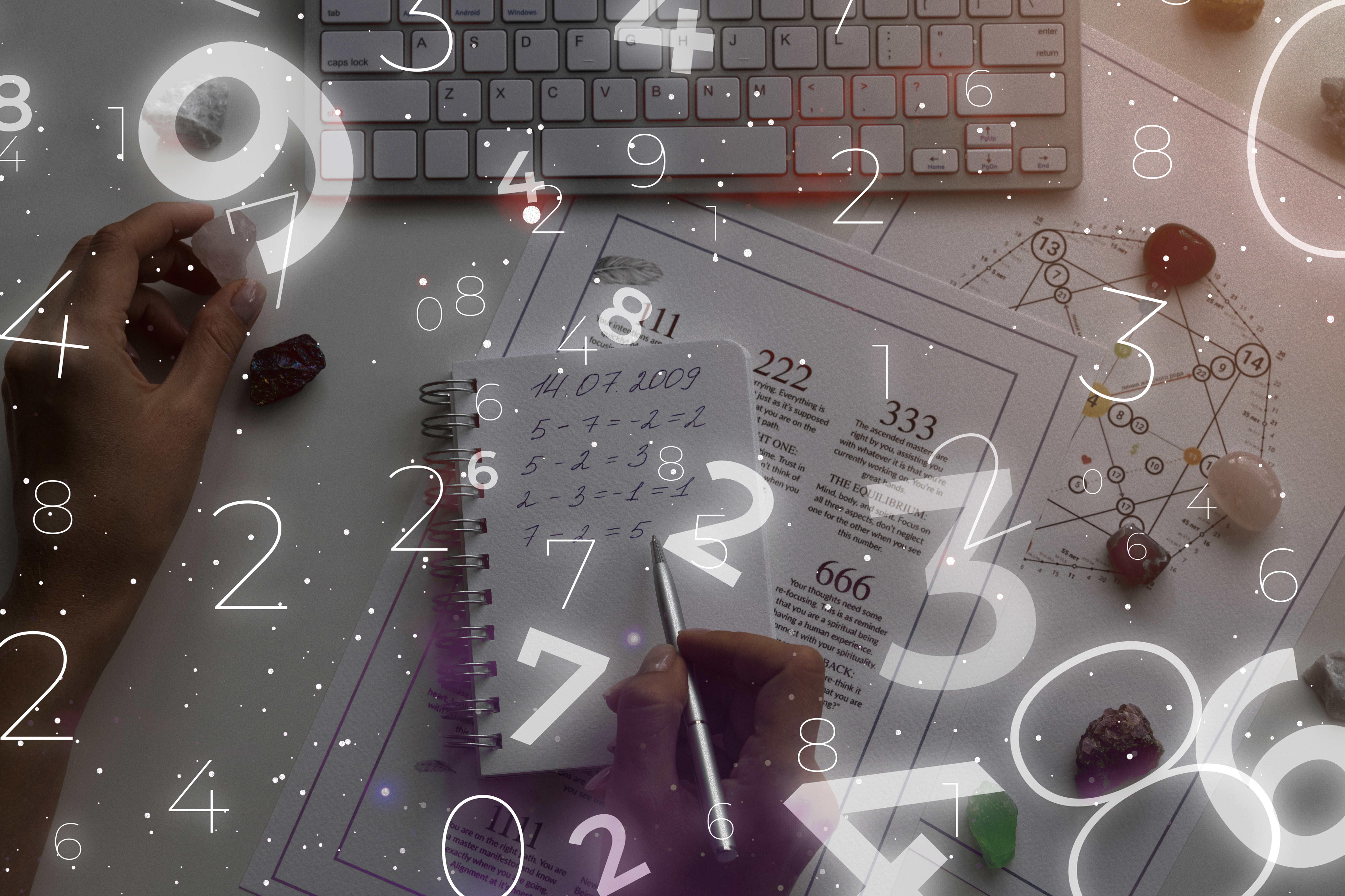 High angle shot of hands working on a desk covered in papers and crystals, with a keyboard in the background. The central notebook shows number calculations and a date, resembling numerology or Vedic Math calculations for life path or destiny numbers. Overlayed transparent numbers (1 to 9) and glowing effects emphasize the theme of Vedic numerology and mystical calculations.