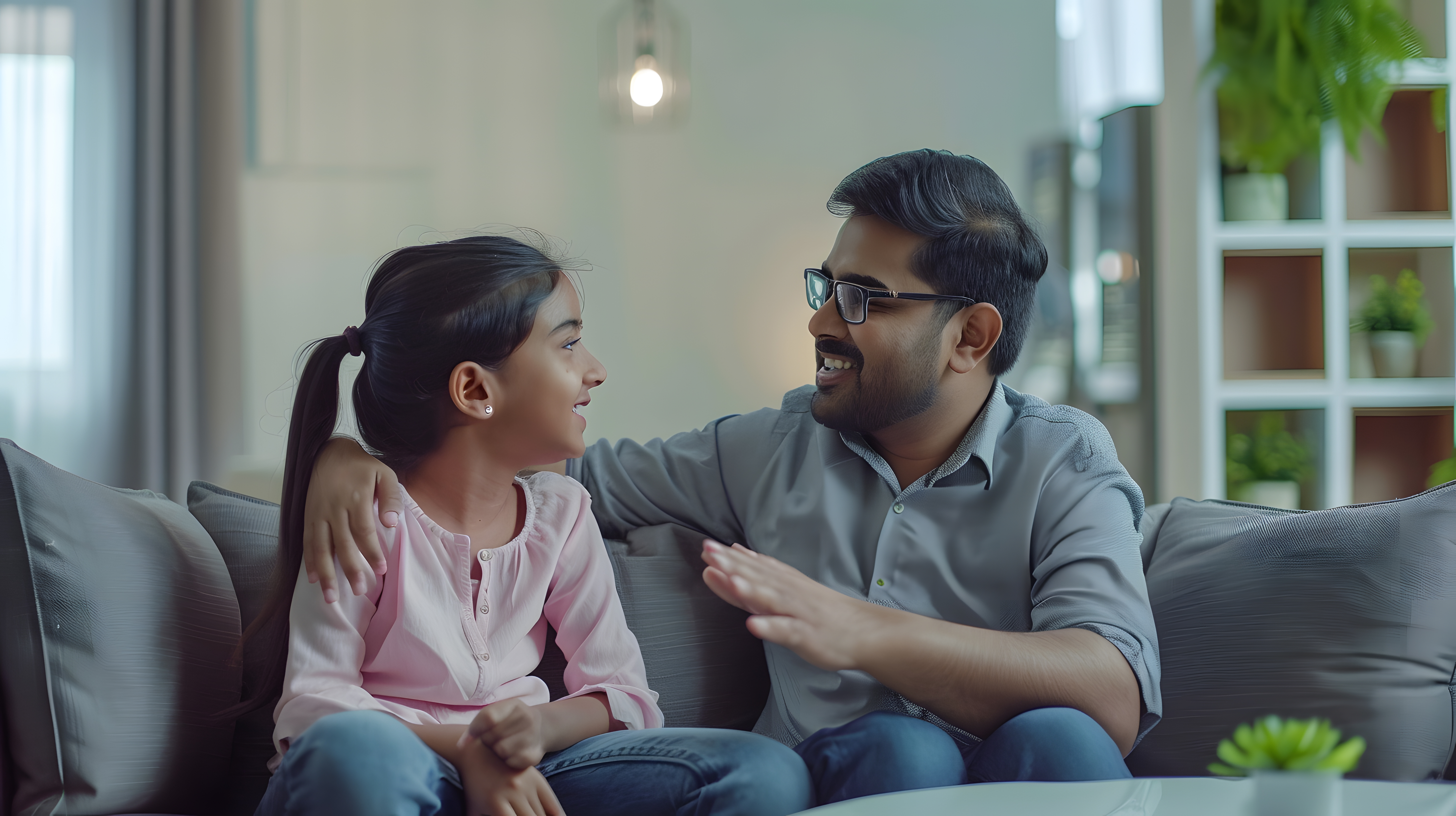 A father and daughter smiling and talking together on a sofa, showing a natural learning moment at home—illustrating how everyday conversations support vocabulary growth alongside an English vocabulary class or online learning.