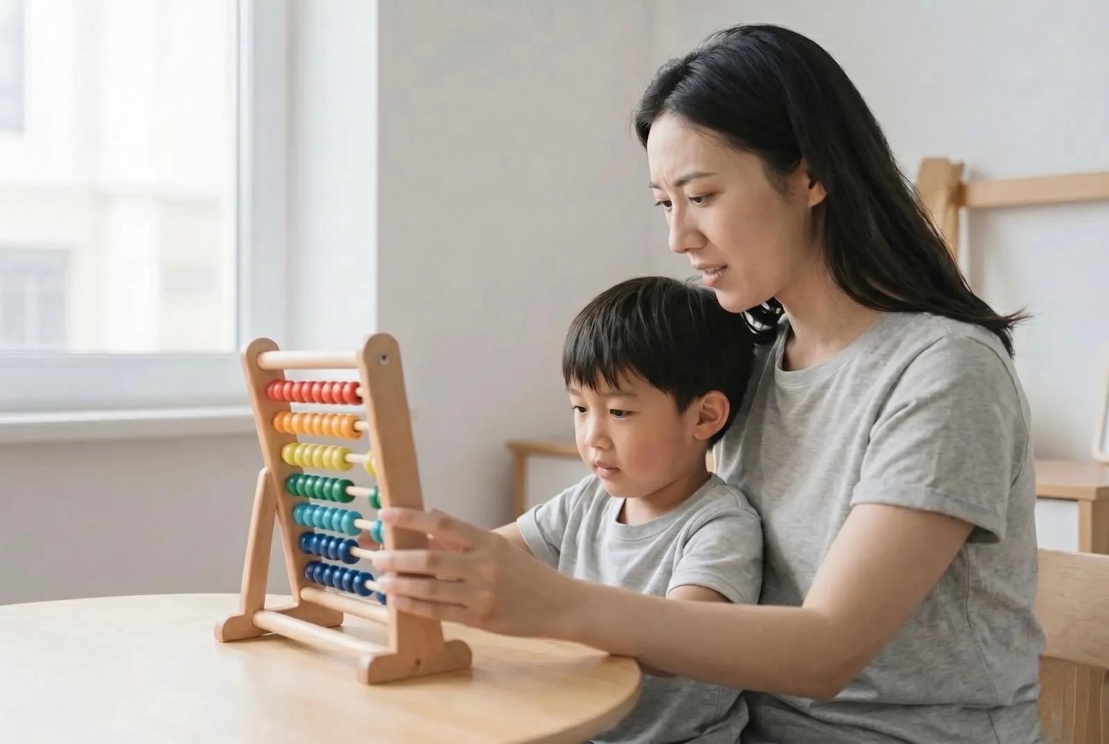 A child practicing AbacusMaster Worksheets live with mother